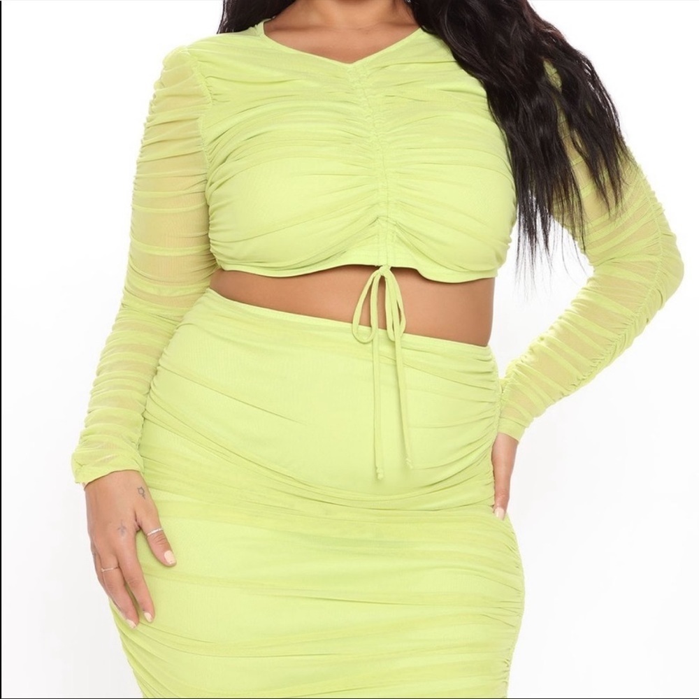 Fashion nova XL 2pc set 💚 Lime green crop top blouse skirt midi ruched - Picture 2 of 8